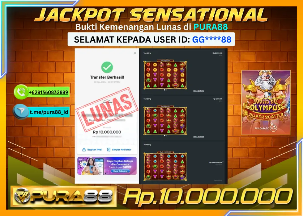 PURA88 JACKPOT GATES OF OLYMPUS SUPER SCATTER Rp 10.000.000,- LUNAS